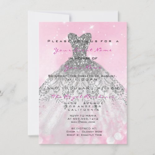 Pink Dress Glitter Candy 16th Bridal Gray Silver Invitation