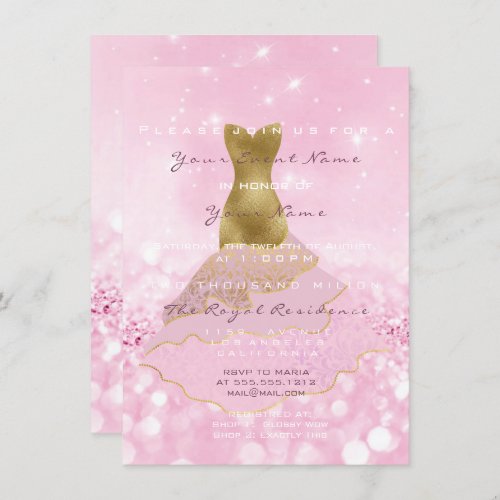 Pink Dress Gold  Glitter Candy 16th Bridal Violet Invitation