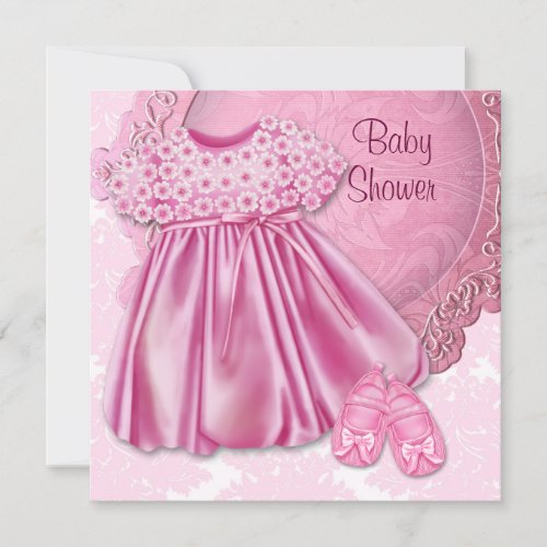 Pink Dress Pink Damask Baby Girl Shower Invitation