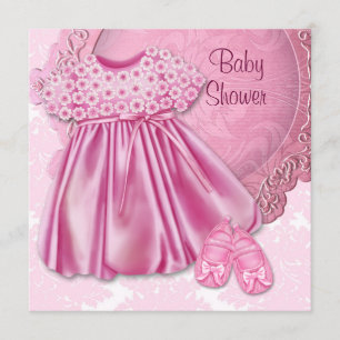 Pink Dress Pink Damask Baby Girl Shower Invitation