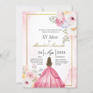 Pink dress quinceañera invitation
