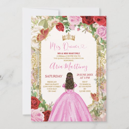 Pink Dress Red Flowers Princess Gold Mis Quince Invitation