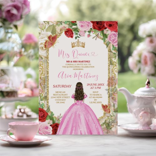 Pink Dress Red Flowers Princess Gold Mis Quince Invitation