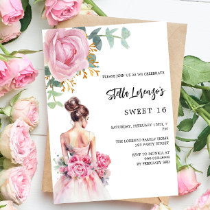 Pink dress rose floral Sweet 16 luxury Invitation