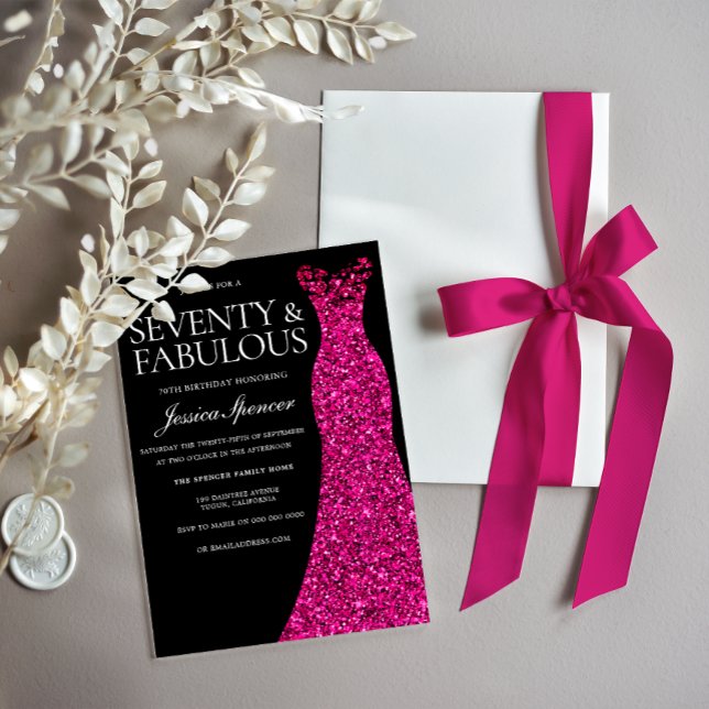 Pink Dress Seventy & Fabulous 70th Birthday Black Invitation (Creator Uploaded)