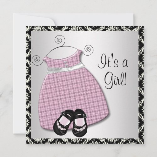 Pink Dress Shoes Pink Damask Baby Shower Invitation