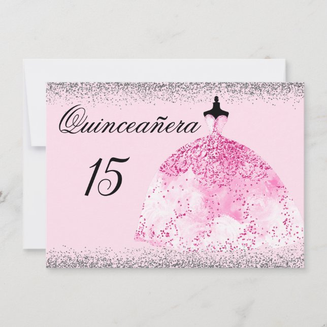 Pink Dress Silver Confetti Quinceanera invitation (Front)
