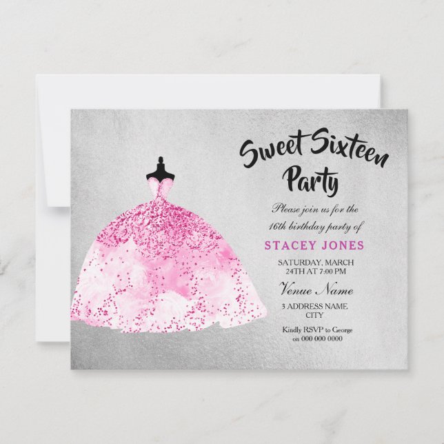 Pink Dress Silver Sweet 16 Party Invitation (Front)