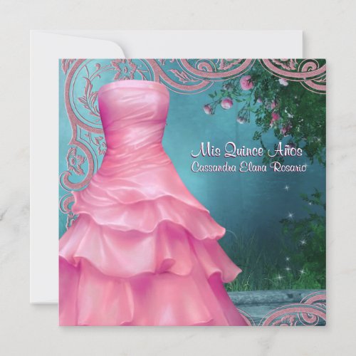 Pink Dress Teal Blue Pink Roses Quinceanera Invitation