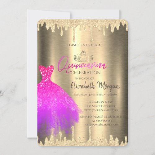 Pink DressTiaraGlitter Drips Gold Quinceaera   Invitation