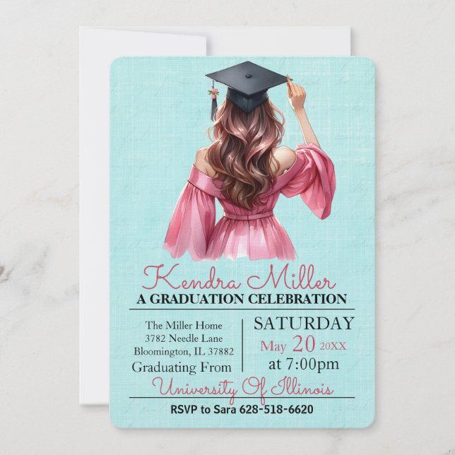 Pink Dress Watercolor Graduation Invitation (Front)