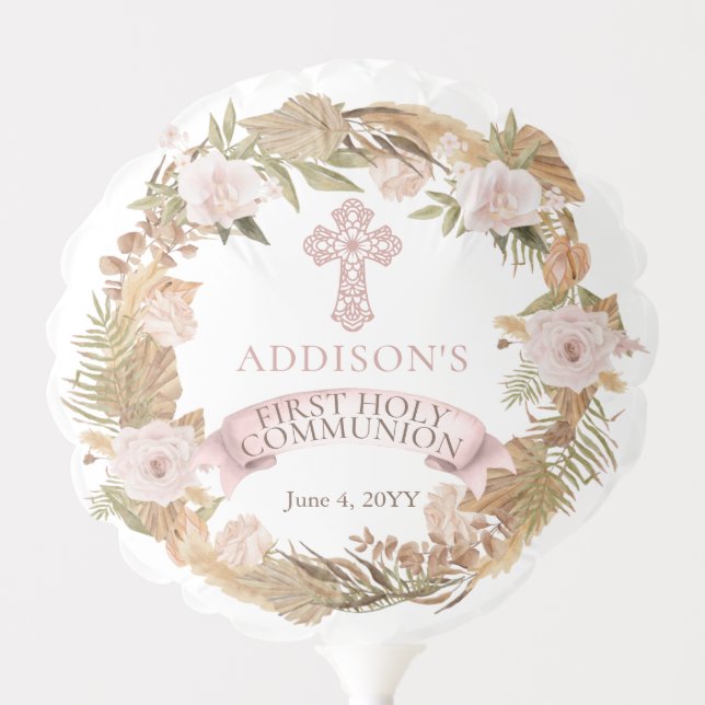 Pink Dried Floral Girl First Holy Communion Balloon (Front)