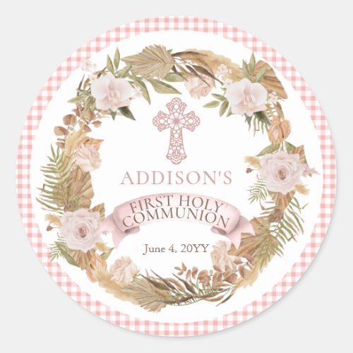 Pink Dried Floral Girl First Holy Communion Classic Round Sticker