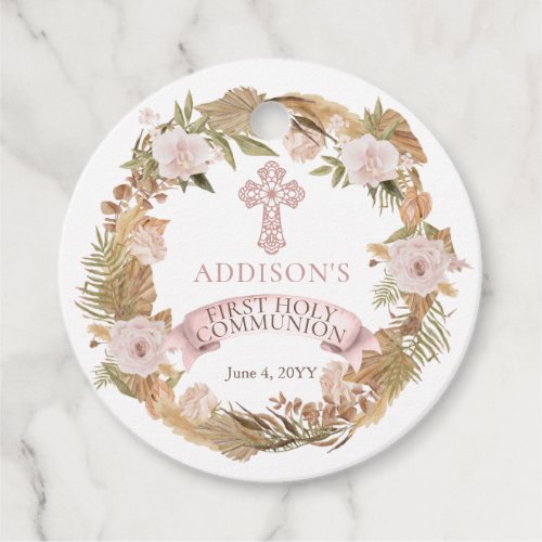 Pink Dried Floral Girl First Holy Communion Favor Tags