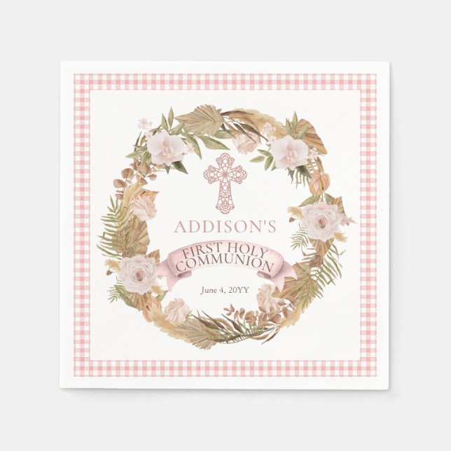 Pink Dried Floral Girl First Holy Communion Napkins (Front)