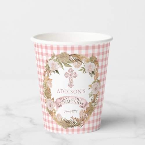 Pink Dried Floral Girl First Holy Communion  Paper Cups