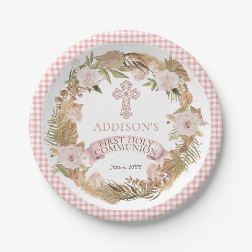 Pink Dried Floral Girl First Holy Communion Paper Plates