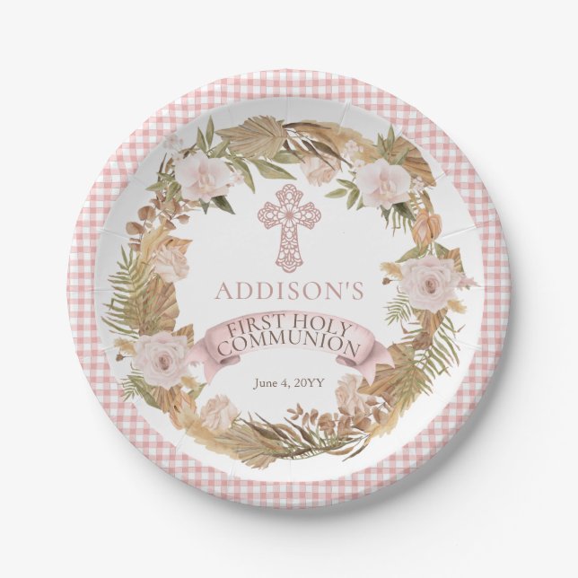 Pink Dried Floral Girl First Holy Communion Paper Plates (Front)