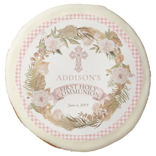 Pink Dried Floral Girl First Holy Communion Sugar Cookie (Front)
