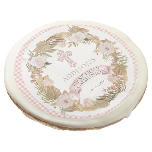 Pink Dried Floral Girl First Holy Communion Sugar Cookie (Angled)