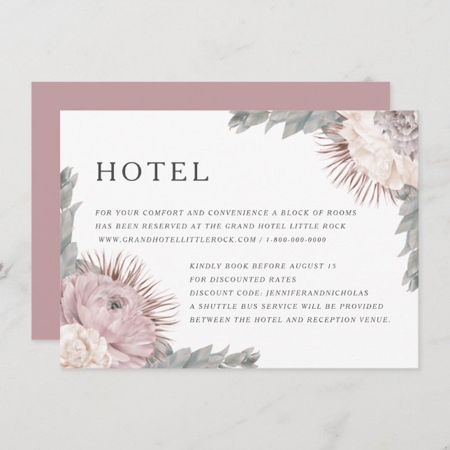 Pink Dried Flowers Wedding Accommodations Enclosure Card (Front/Back)