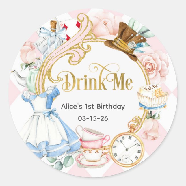Pink, Drink me, Onederland 1st birthday favor Classic Round Sticker (Front)