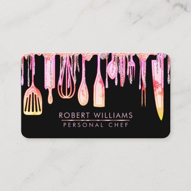 Pink Drip Chef Kitchen Tools Glitter Faux Business Business Card (Front)