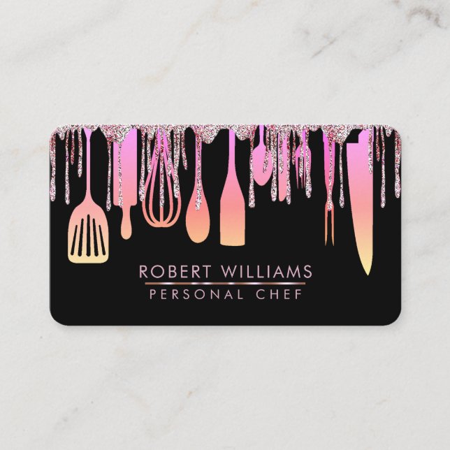 Pink Drip Chef Kitchen Tools Glitter Faux Business Card (Front)
