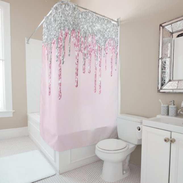 *~* Pink Drip Dripping Silver Magenta GLITTER AP7  Shower Curtain (In Situ)