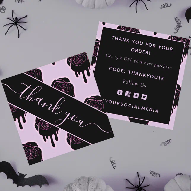 Pink Drip Rose Halloween Thank You Square Card | Zazzle