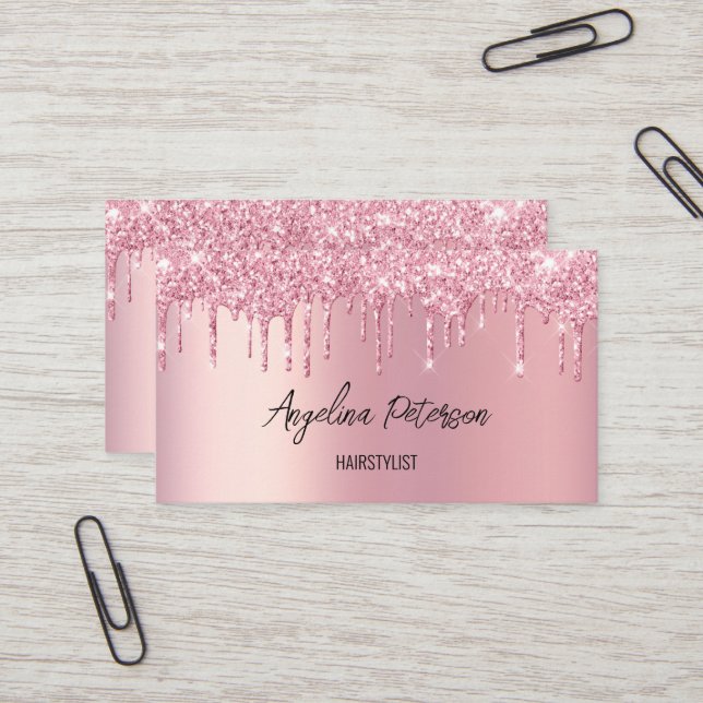 Pink Dripping Glitter Business Card (Front/Back In Situ)