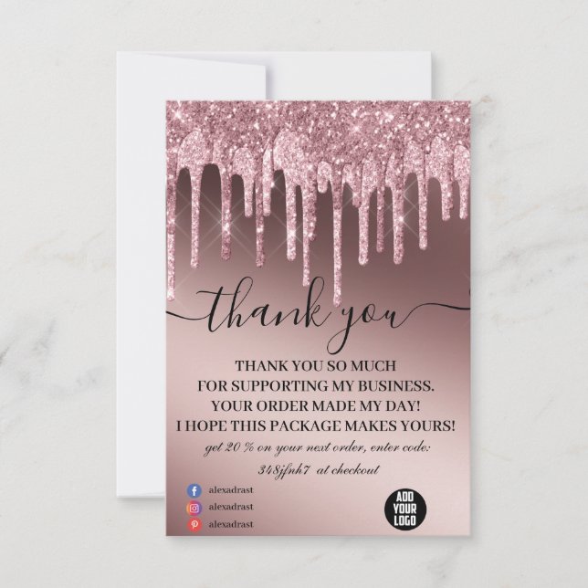 Pink Dripping Glitter Business Thank You Card (Front)