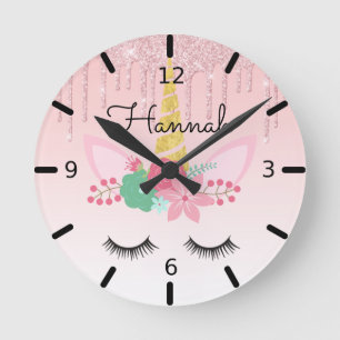 Pink Dripping Glitter - Floral Sleeping Unicorn Round Clock