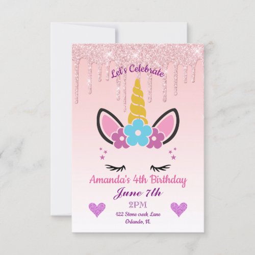 Pink Dripping GlitterFloral Unicorn Birthday Invitation