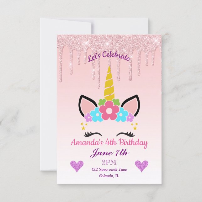 Pink Dripping Glitter/Floral Unicorn Birthday Invitation (Front)