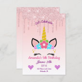 Pink Dripping Glitter/Floral Unicorn Birthday Invitation (Front/Back)
