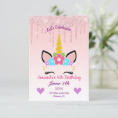 Pink Dripping Glitter/Floral Unicorn Birthday Invitation (Standing Front)