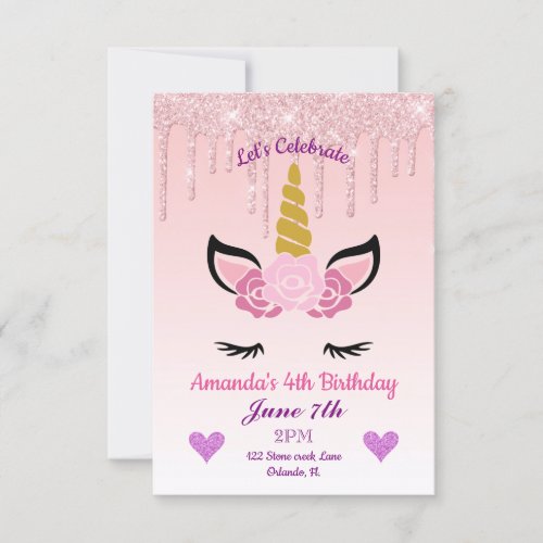 Pink Dripping GlitterFloral Unicorn Birthday Invitation