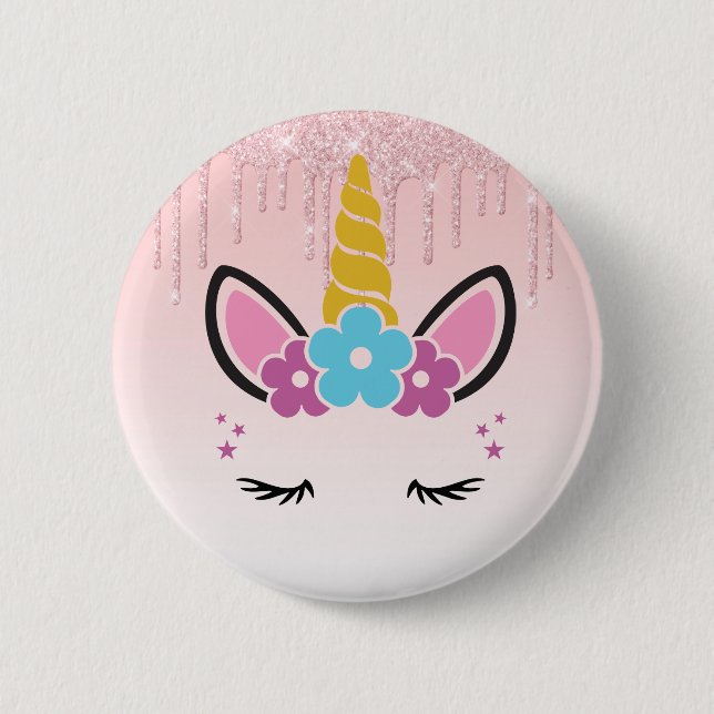 Pink Dripping Glitter Floral Unicorn Button (Front)