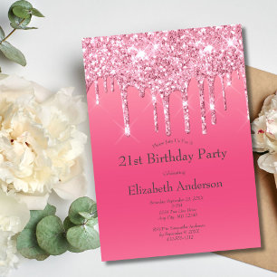 Pink Dripping Glitter Girly Chic 21st Birthday Invitation