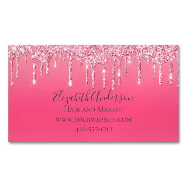 Pink Dripping Glitter Girly Trendy Chic Modern  Business Card Magnet (Front)