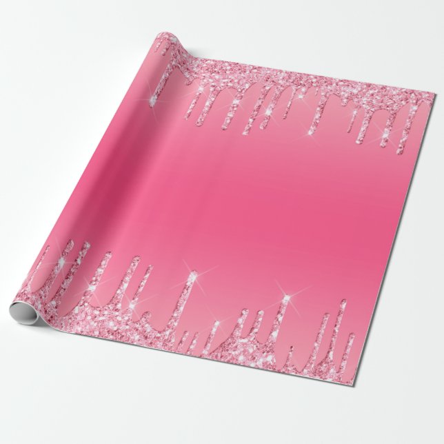 Pink Dripping Glitter Girly Trendy Chic Modern Wrapping Paper (Unrolled)