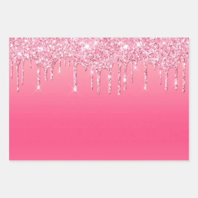 Pink Dripping Glitter Girly Trendy Chic Modern Wrapping Paper Sheets (Front)