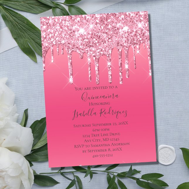 Pink Dripping Glitter Girly Trendy Quinceanera Invitation (Creator Uploaded)