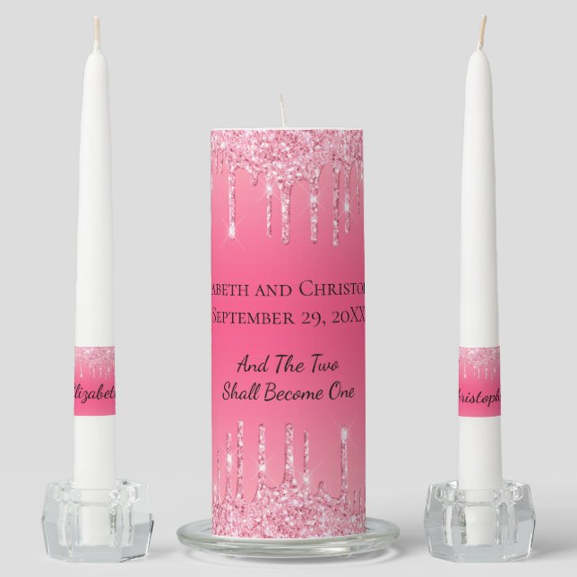 Pink Dripping Glitter Glam Trendy Wedding Unity Candle Set (Front)