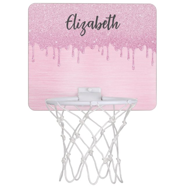 Pink Dripping glitter Metal Monogram Name Mini Basketball Hoop (Front)