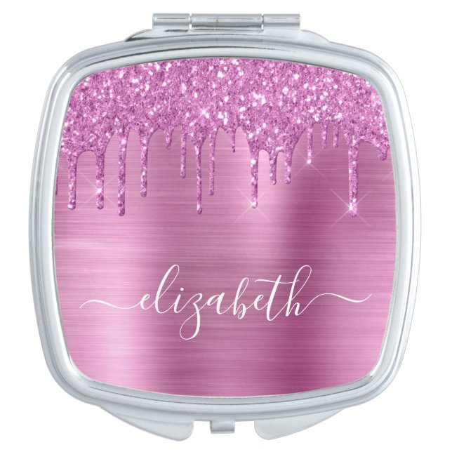 Pink Dripping Glitter Monogrammed Compact Mirror (Front)