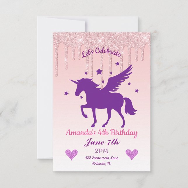 Pink Dripping Glitter/Purple Unicorn Birthday Invitation (Front)