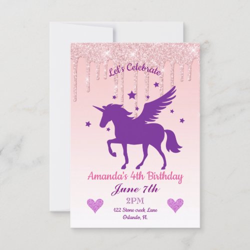 Pink Dripping GlitterPurple Unicorn Birthday Invitation