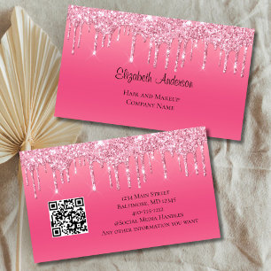Pink Dripping Glitter QR code Hair Salon Nails Business Card